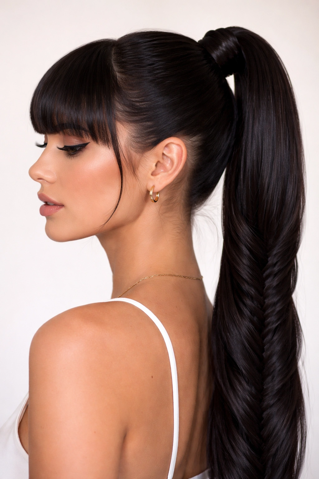 Close-up of glossy straight fishtail ponytail with full bangs, sharp lines and high shine.
