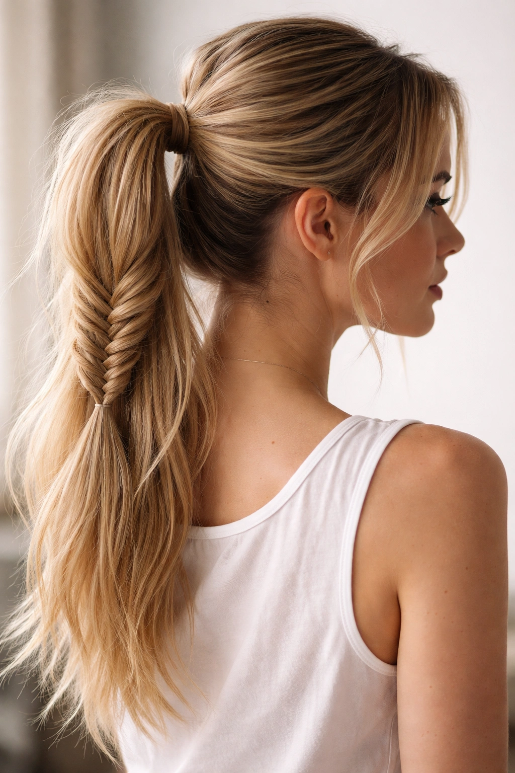 Ponytail with fishtail braid at base and loose tail