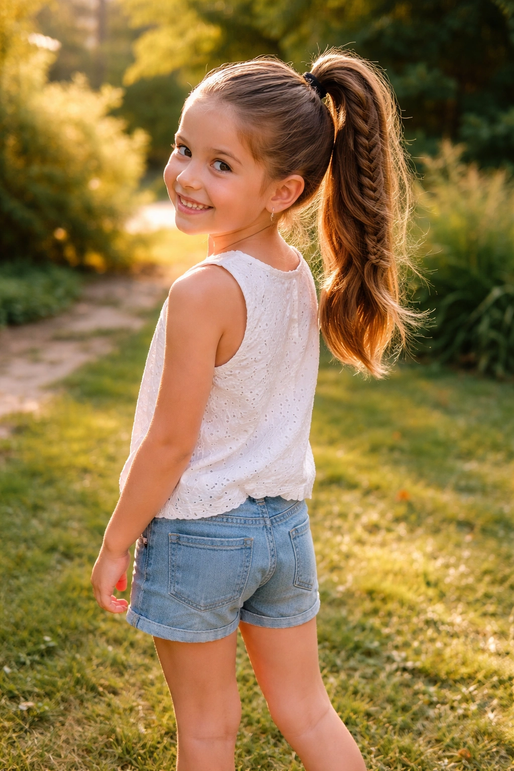 Hero shot of fishtail high ponytail in golden hour garden