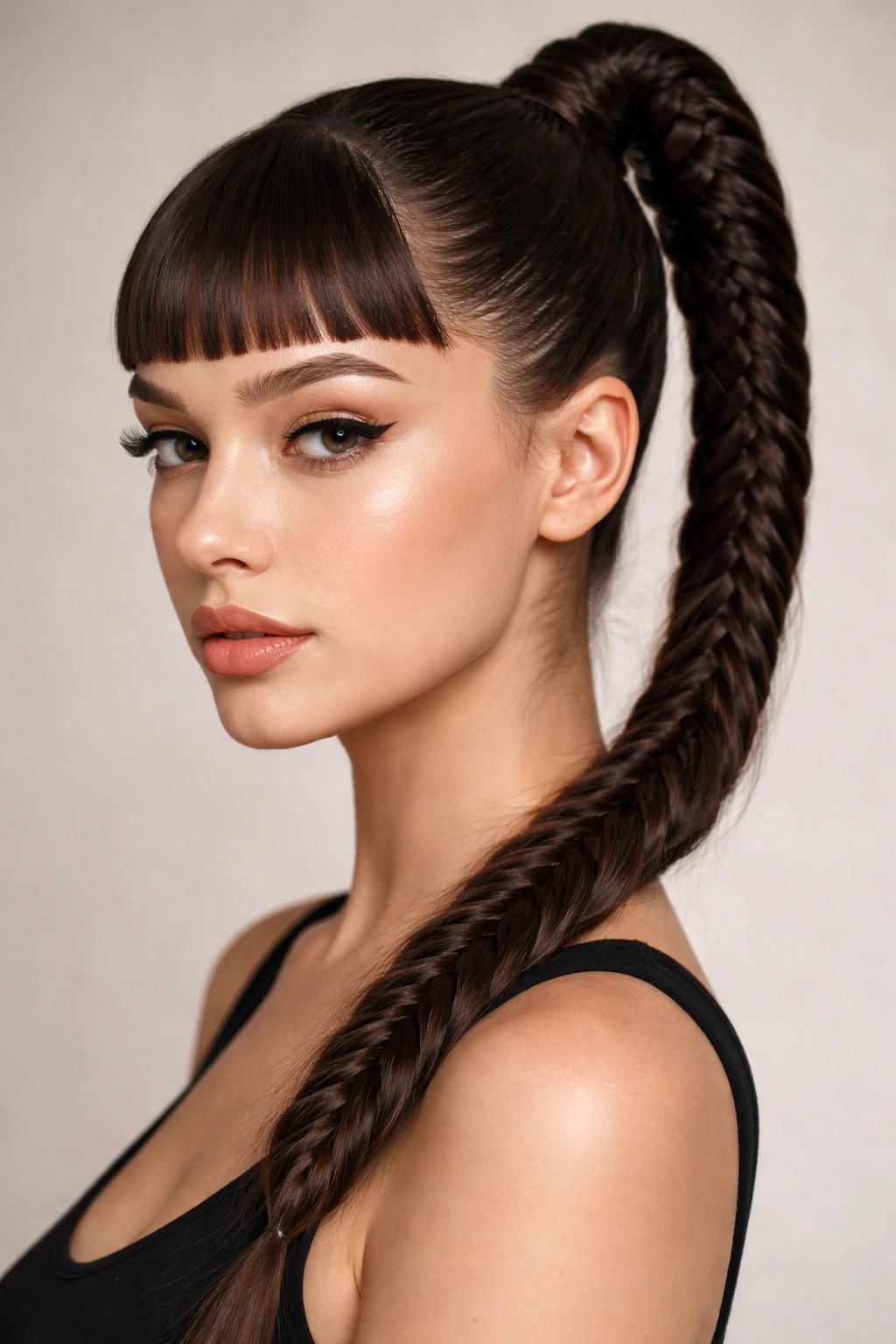Close-up of a tight polished fishtail ponytail with micro bangs.