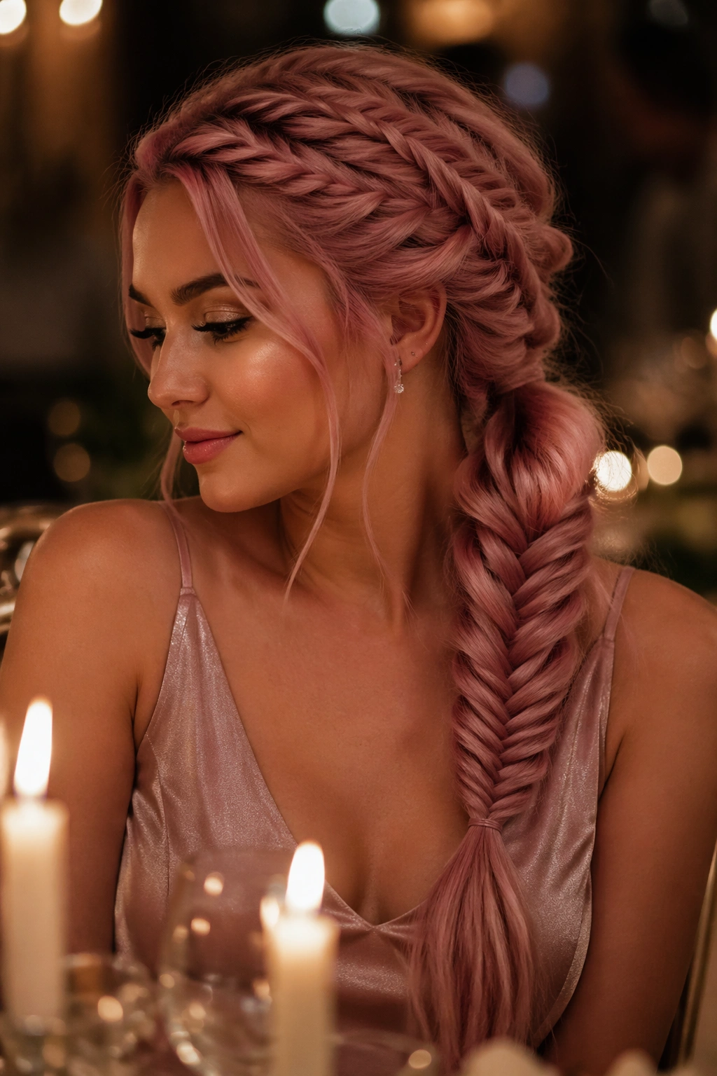 Side view of a dusty rose fishtail ponytail over the shoulder