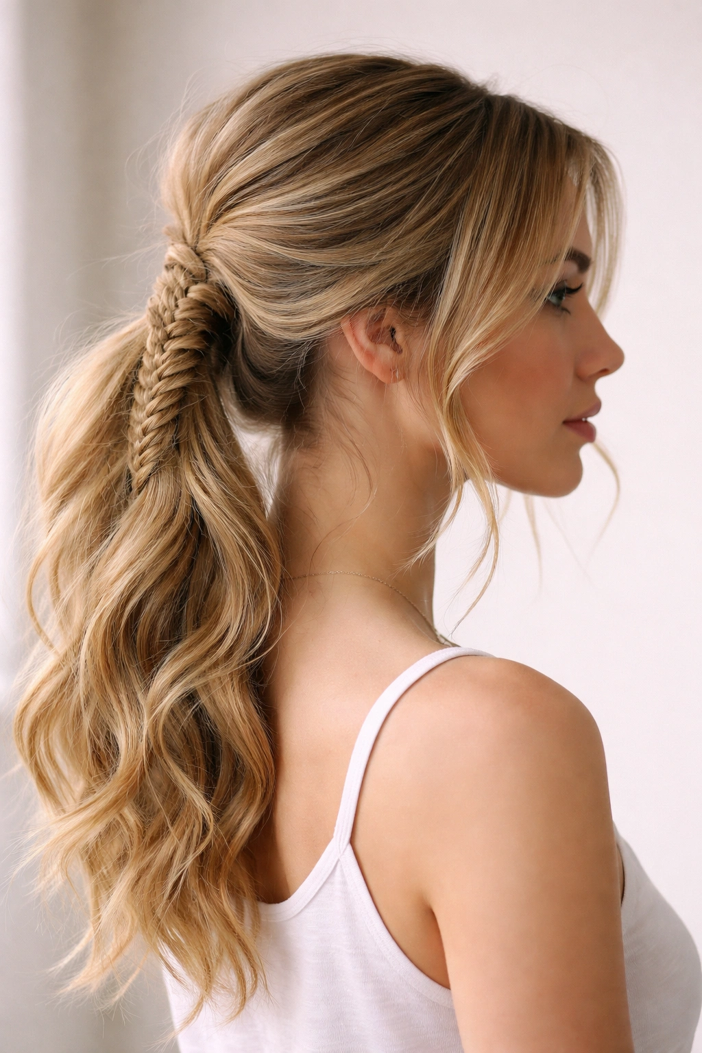 Fishtail ponytail with small sections and soft, curled ends.
