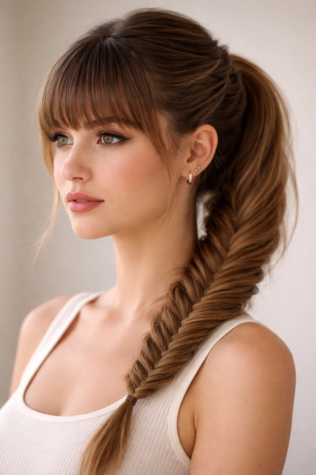 Twisted-front fishtail ponytail with straight-across bangs in studio