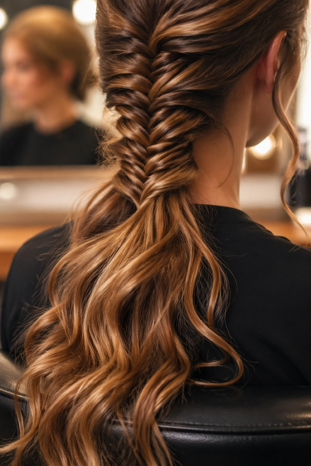 Close-up of fishtail ponytail with long waves in a salon setting.