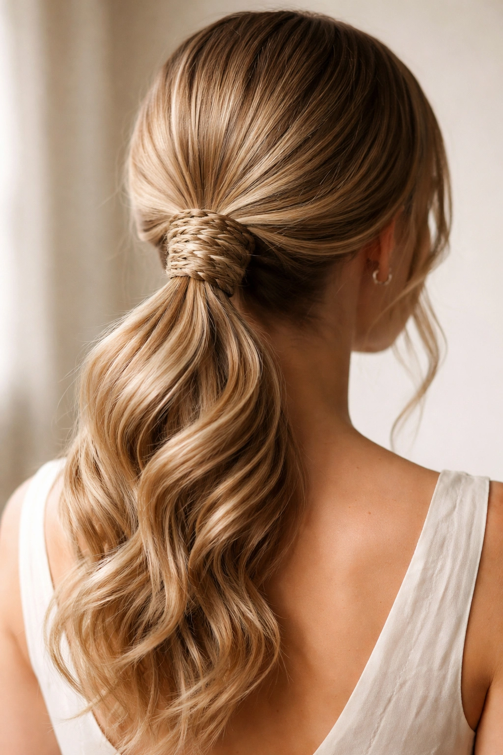 Low fishtail-wrapped ponytail with loose waves