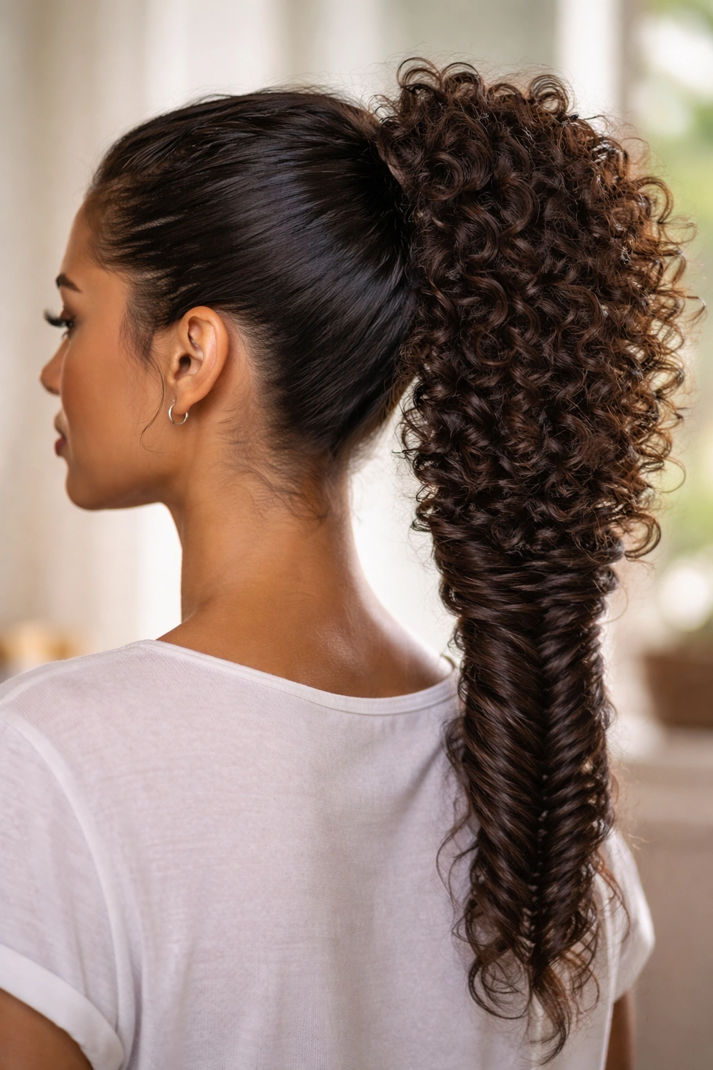 Ponytail with wrapped base and fishtail tail on 3B hair