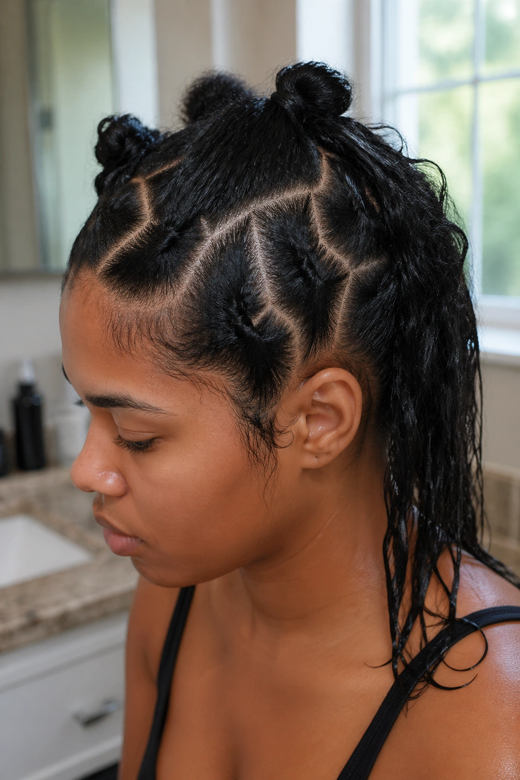 Close-up of clean, parted hair prepared for fishtail braiding on a real person