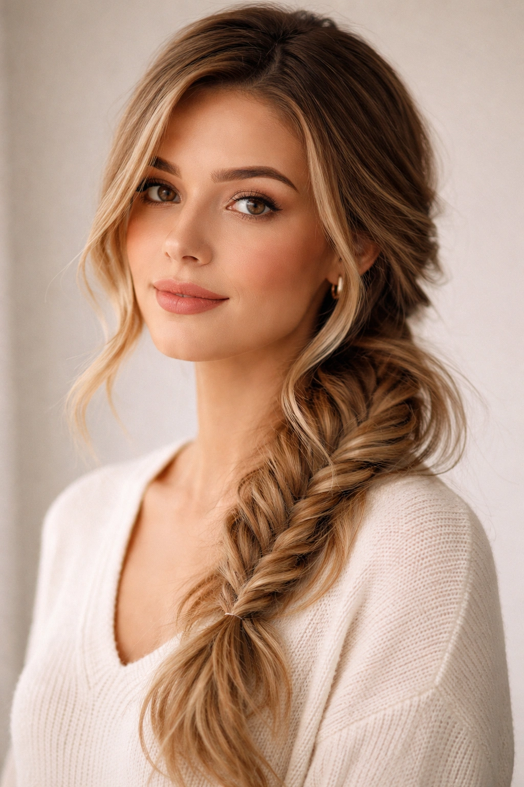 Fishtail braid side ponytail with casual texture