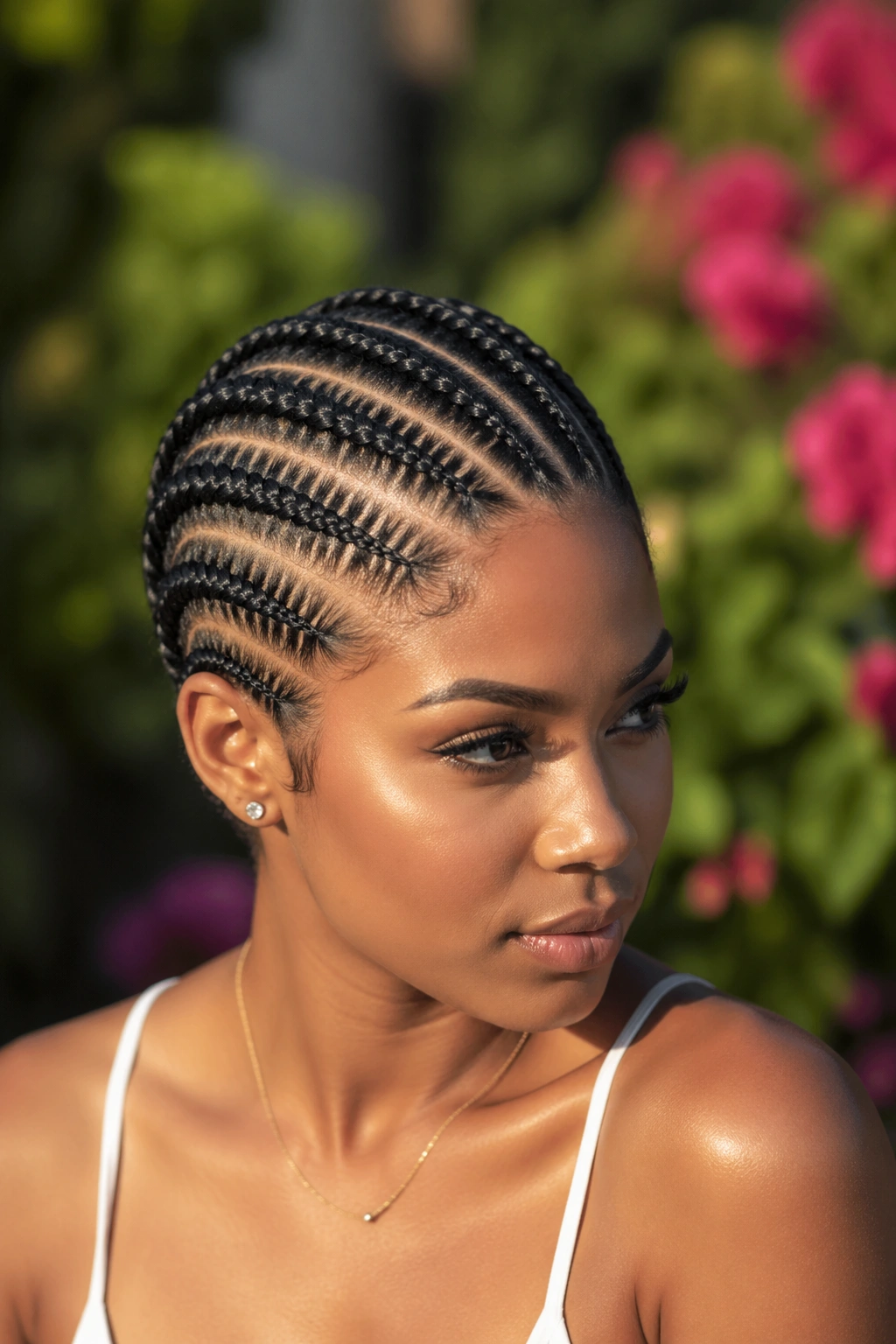 Close-up of side-swept fishtail cornrows on a real woman