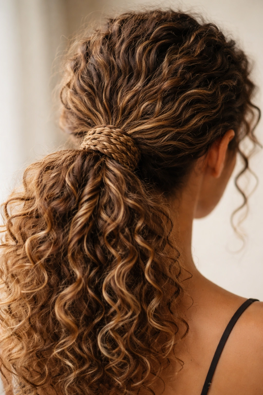 Fishtail braid wrapped around the base of a curly ponytail