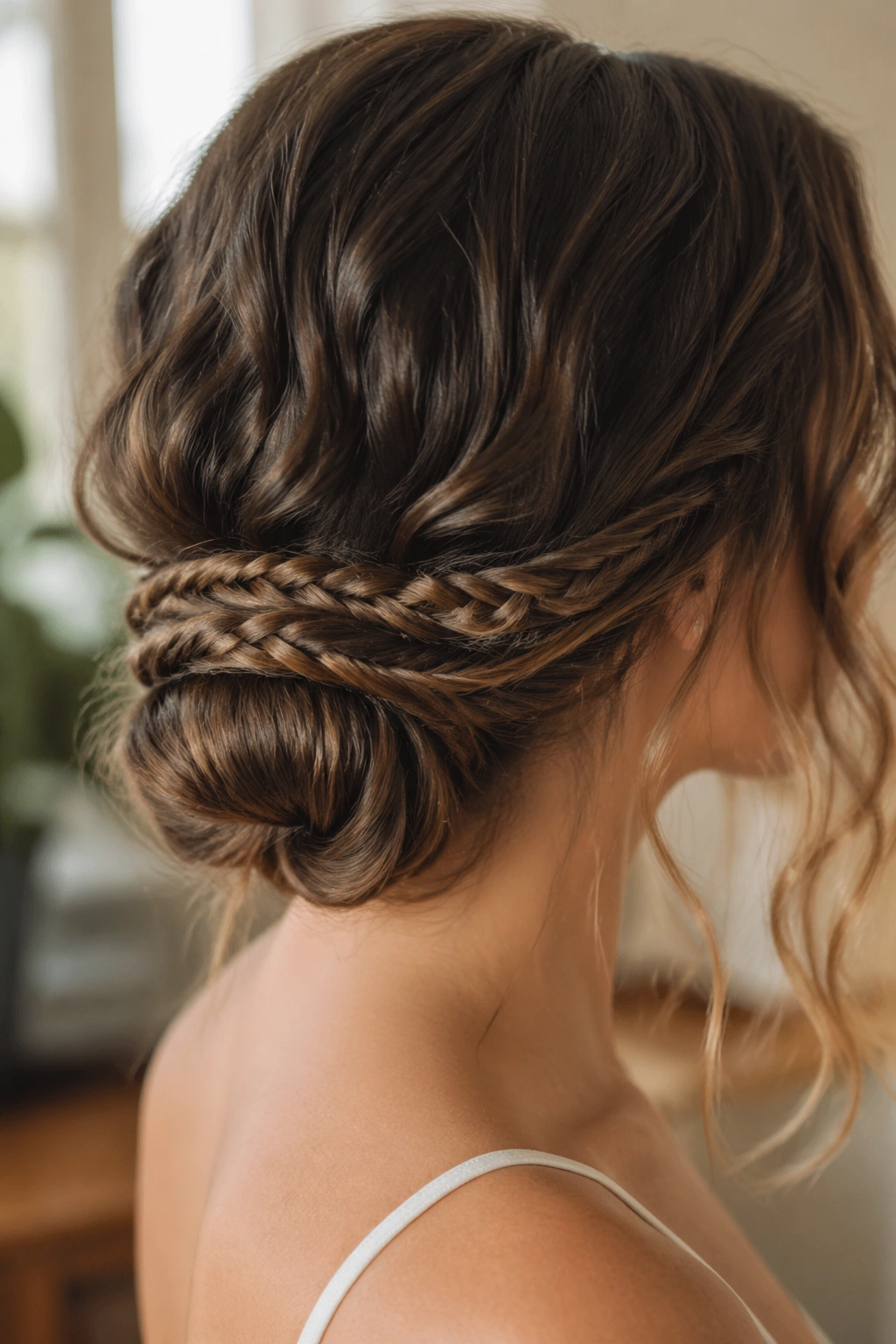 Close-up of a real woman wearing a fishtail wrap bun at the nape with shoulder-length waves
