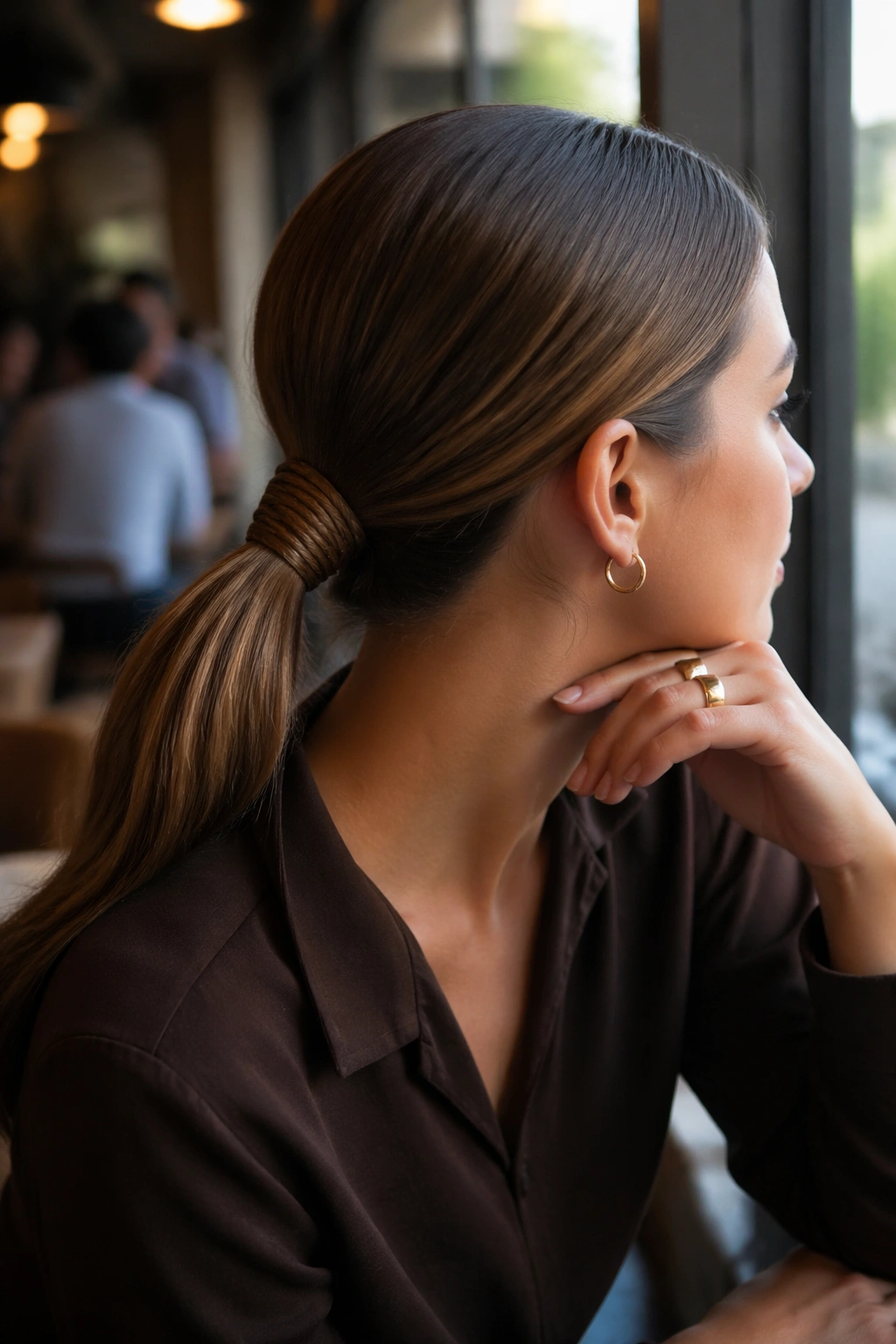 Fishtail-wrapped mid ponytail side profile in cafe
