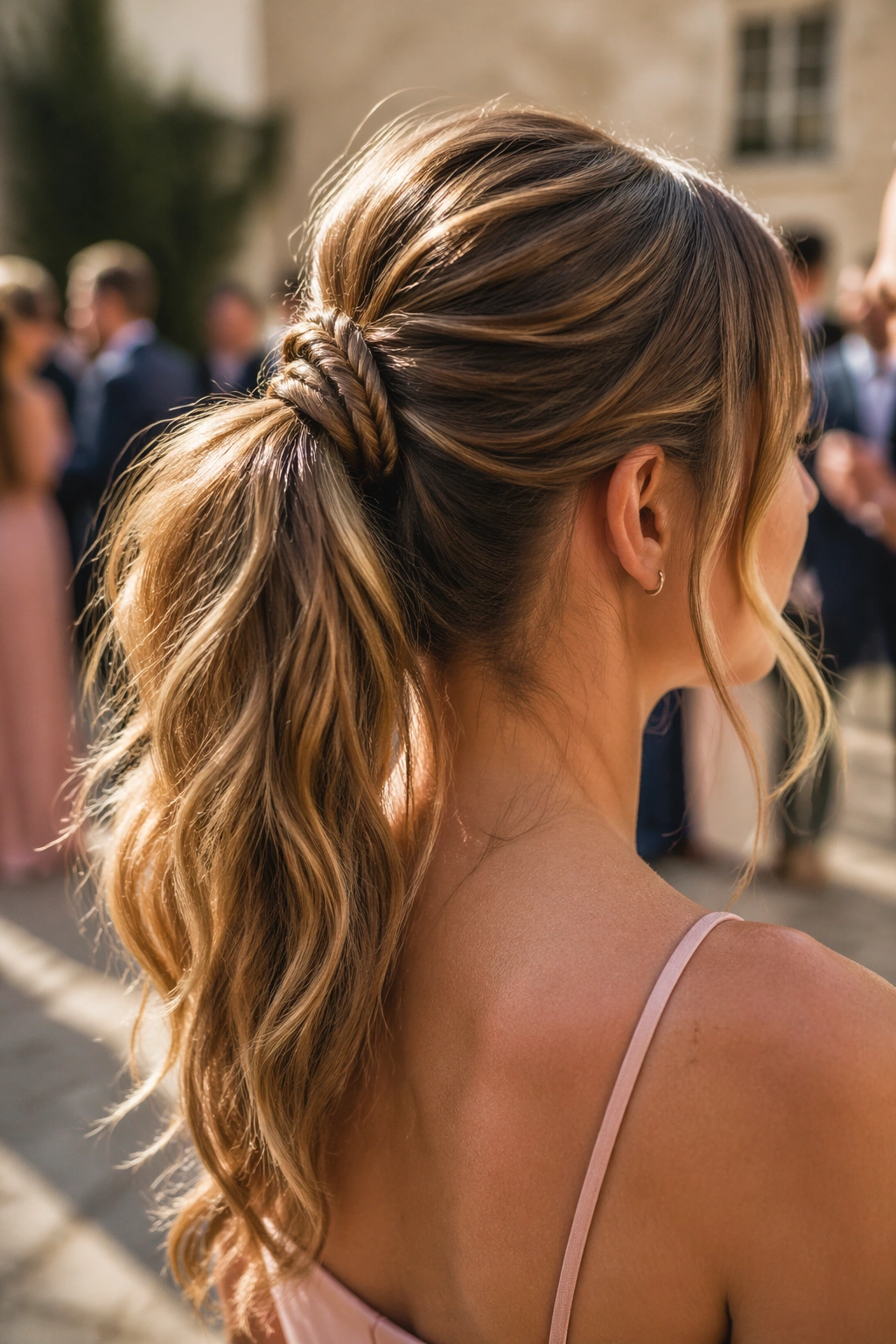 Real woman with fishtail wrap ponytail in sunlit courtyard