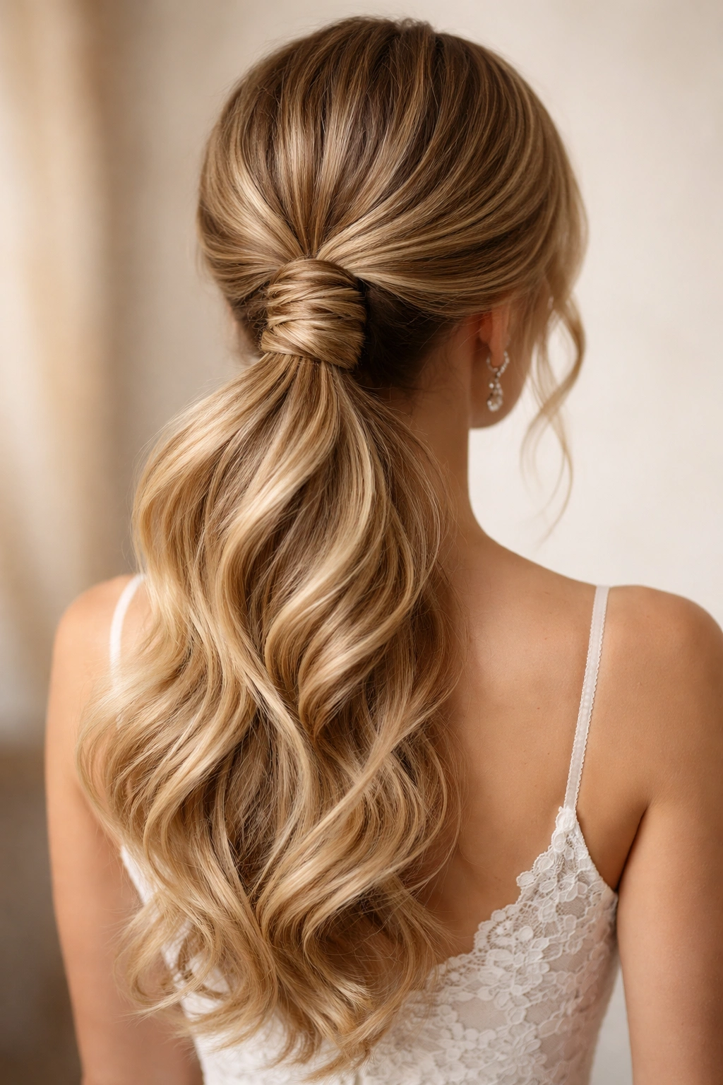 Ponytail with fishtail braid wrapped around the base and loose waves.