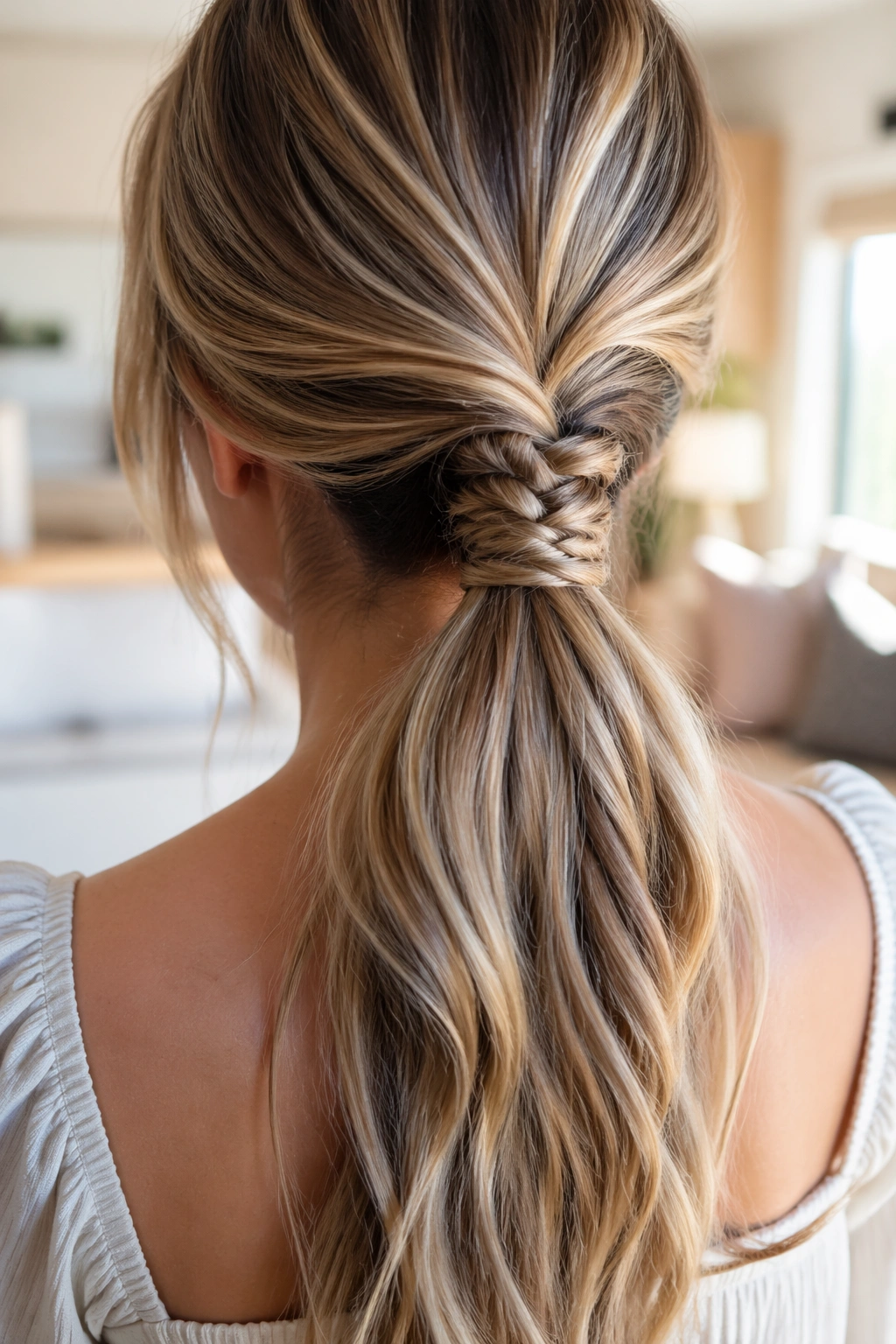 Close-up of a real woman's Fishtail Wrapped Ponytail showing fishtail braid and wrapped elastic