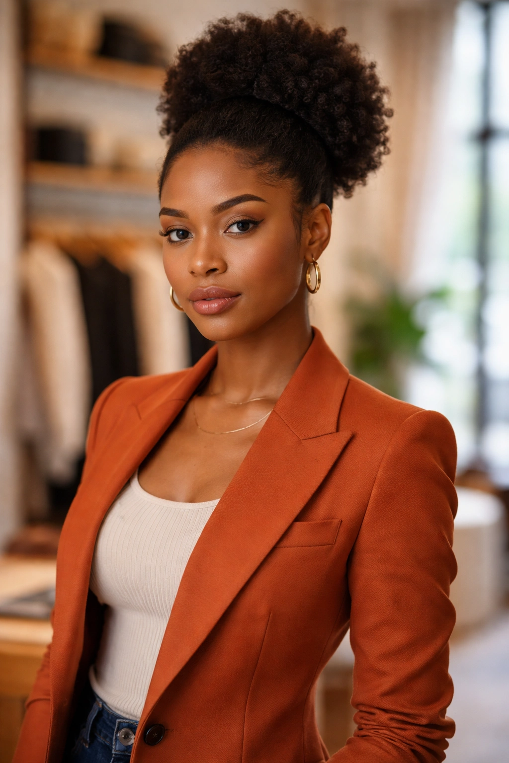 Waist-up portrait of a person with Afro puff in a tailored blazer in a boutique