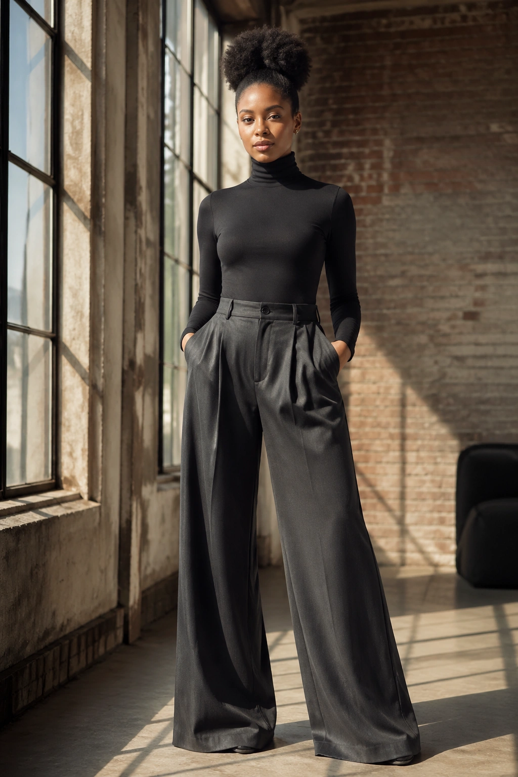 Portrait of a woman in a fitted turtleneck and wide-leg pants in a sunlit loft