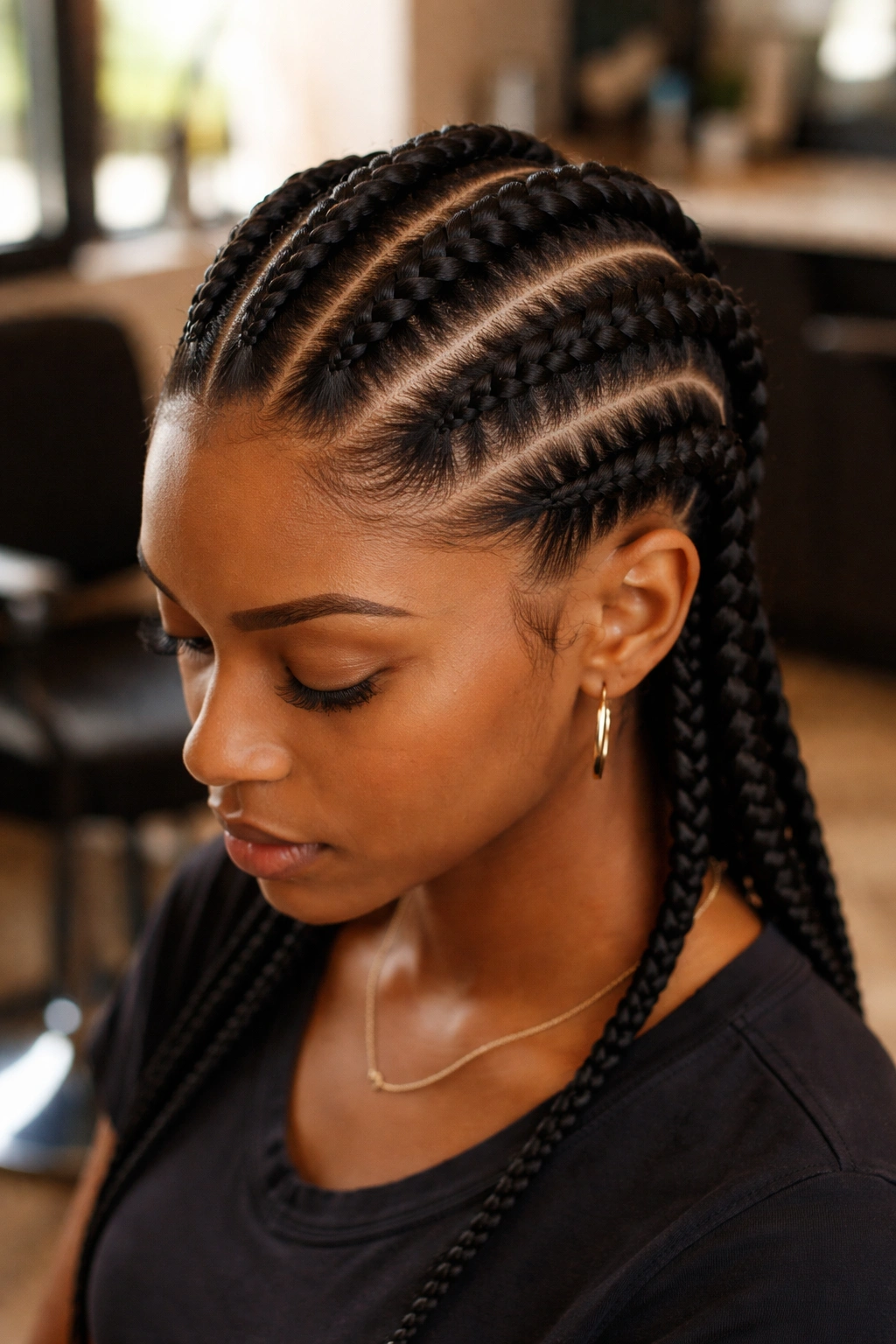 Close-up portrait of five thick cornrows with pronounced scalp-parting on a real person