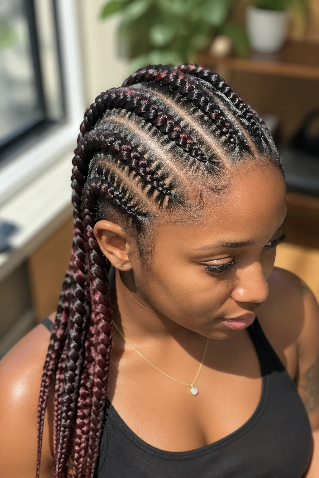 Close-up of five cornrows with colored extensions on a real woman’s head