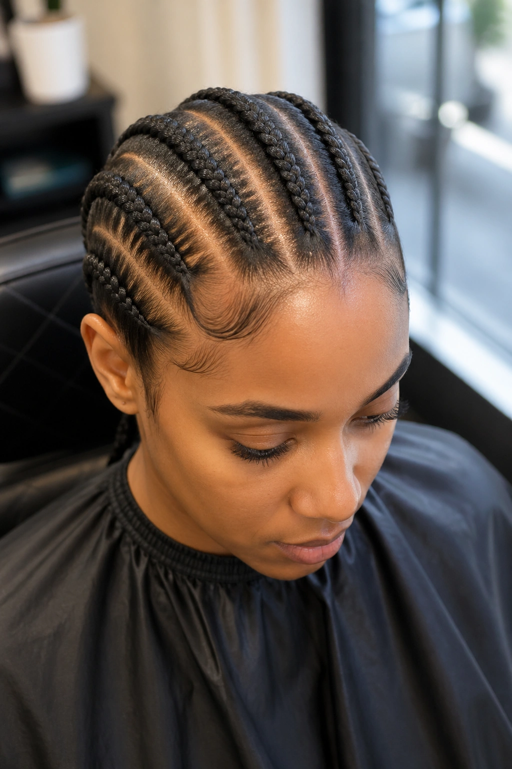 Close-up of five cornrows on a real woman's head, five evenly spaced rows