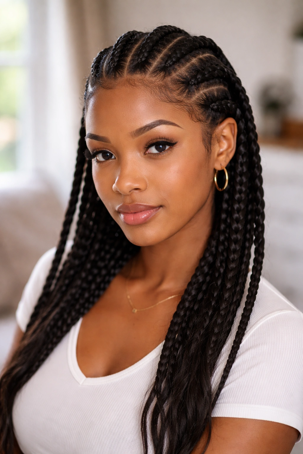 Front view of a real person with three tight center cornrows and two loose outer braids