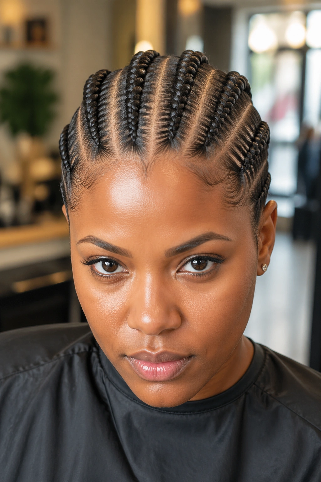 Close-up of five bold cornrows across the scalp on a real person