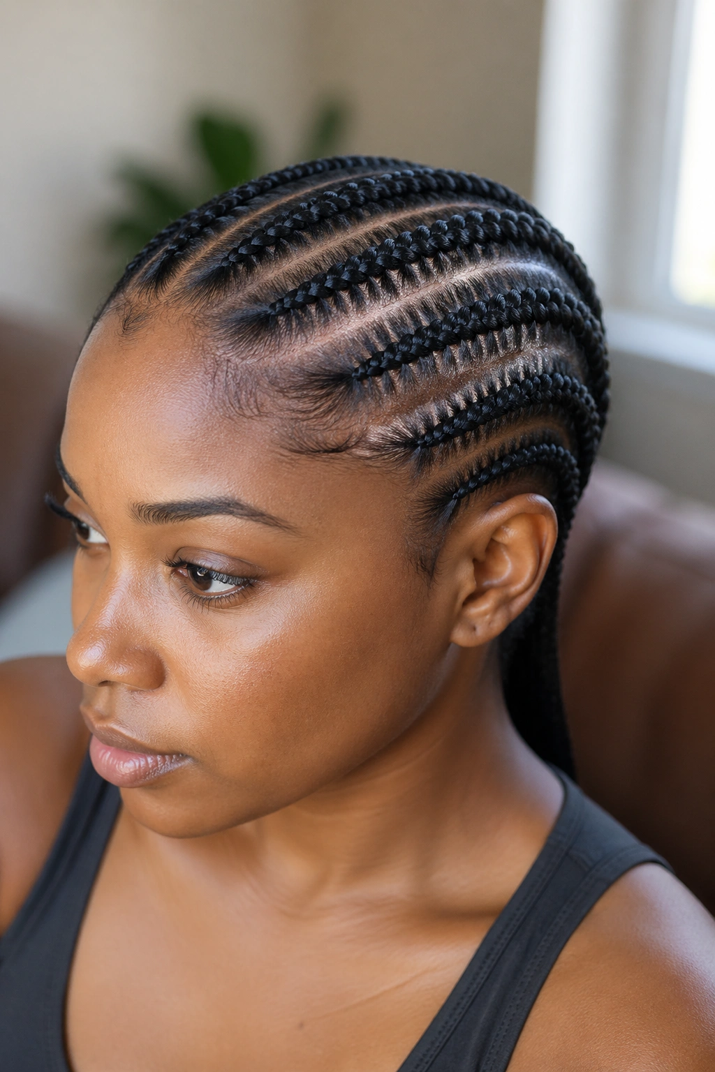 Close-up of real person with five stitch cornrows straight back from the hairline.