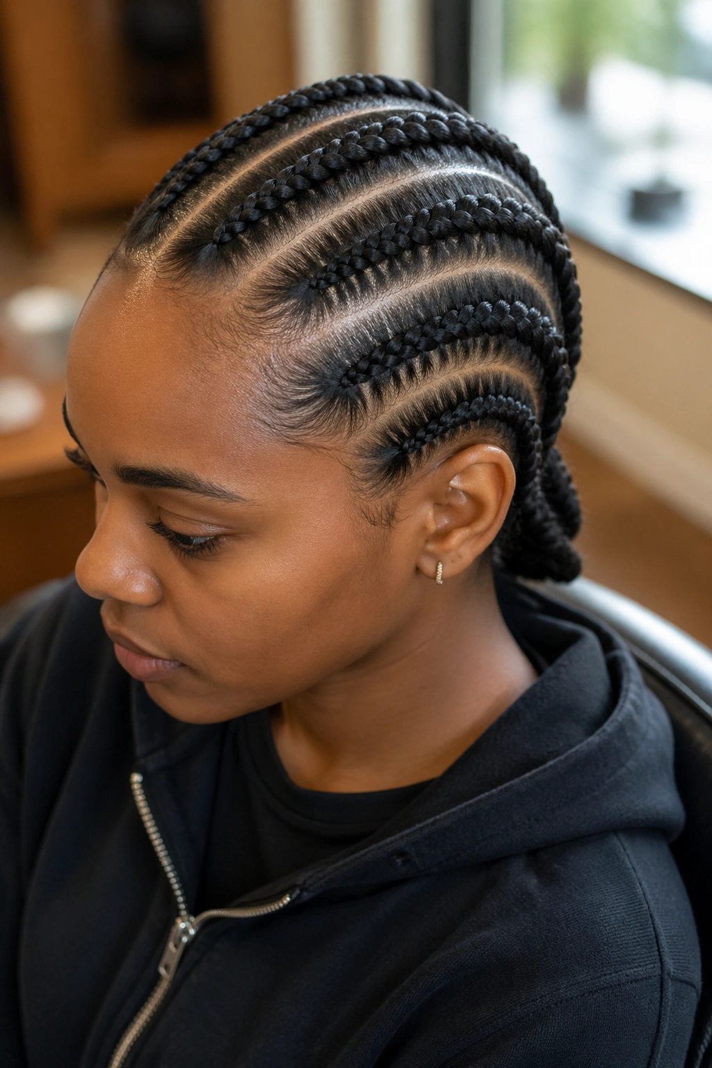 Close-up of a real person with five straight-back cornrows from hairline to nape