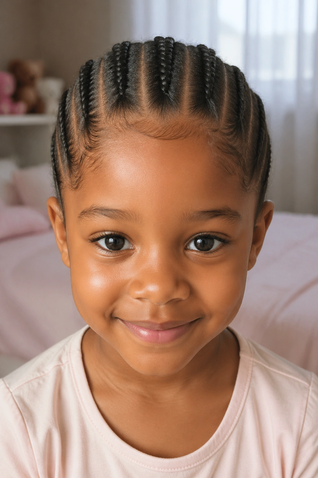 Real child with five straight-back cornrows from hairline to nape