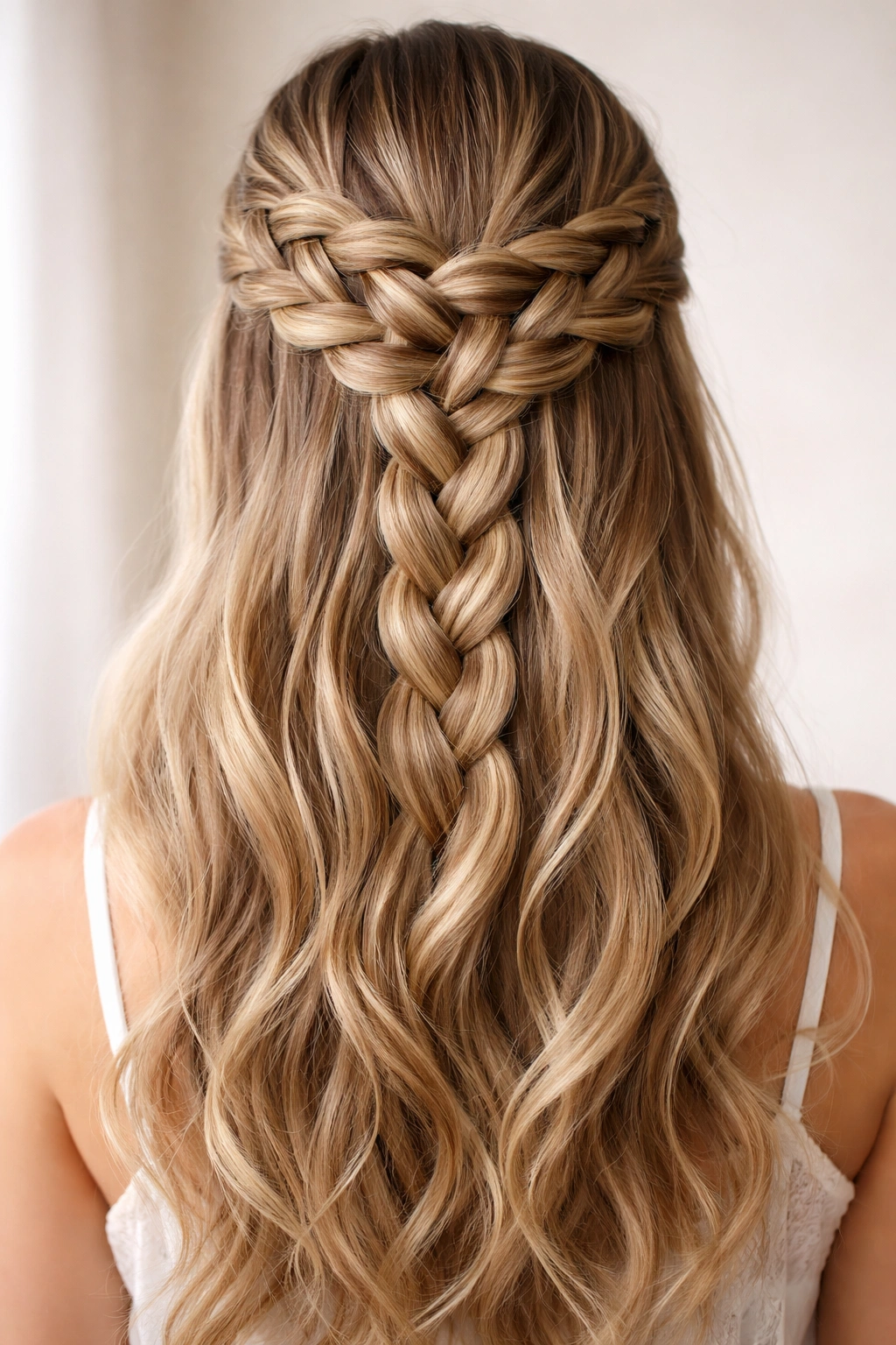 Wide five-strand braid along the back of the head as a half-up accent