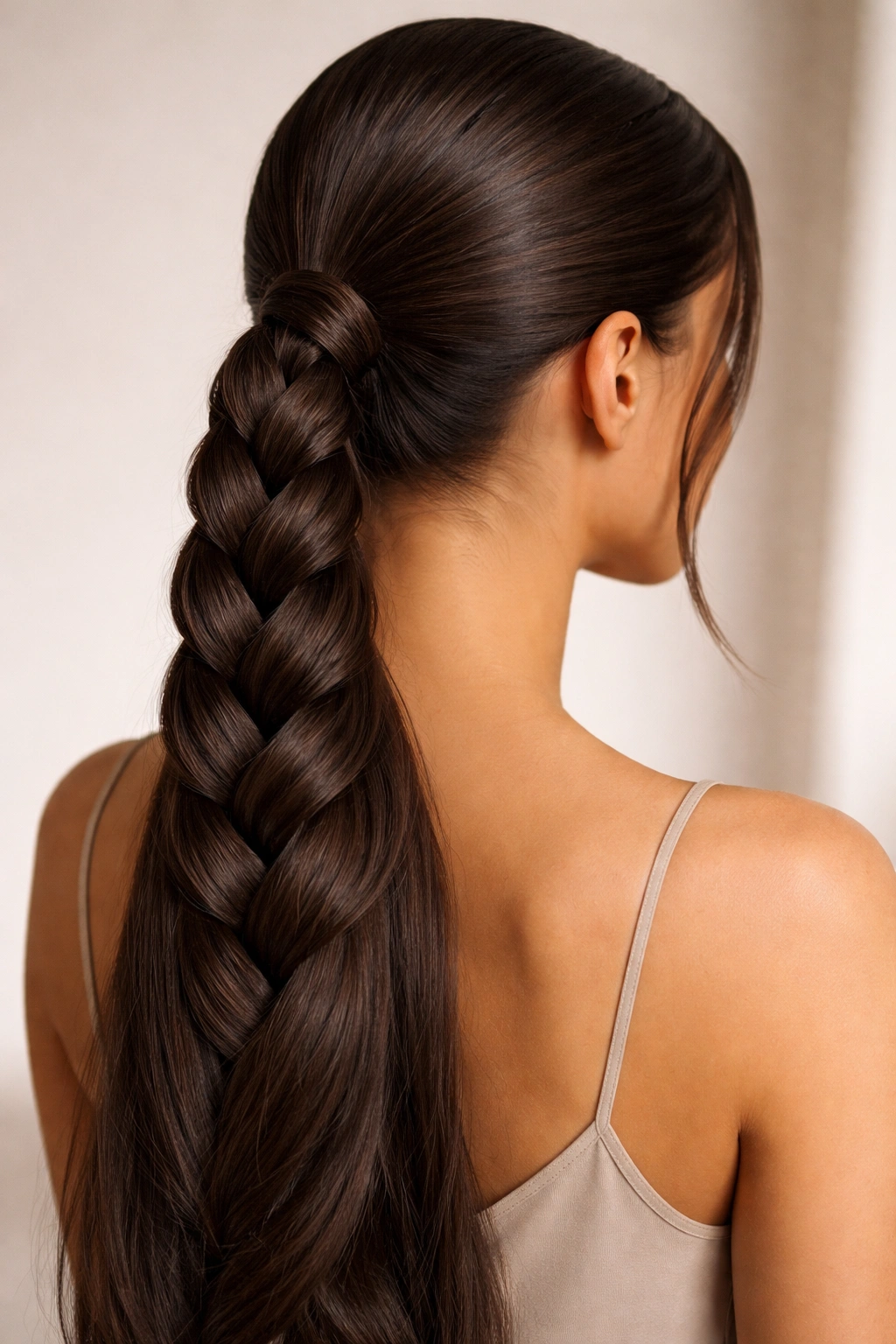 Close-up of a full five-strand braided low ponytail showing detailed pattern