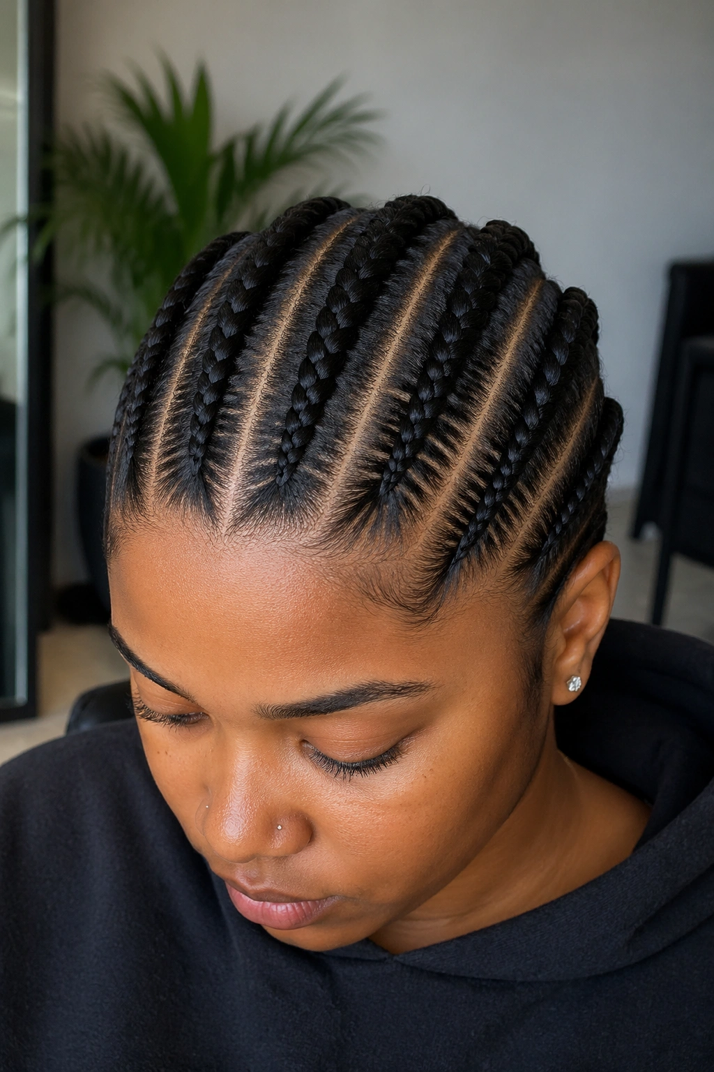 Five tapered cornrows on real person in a hair studio