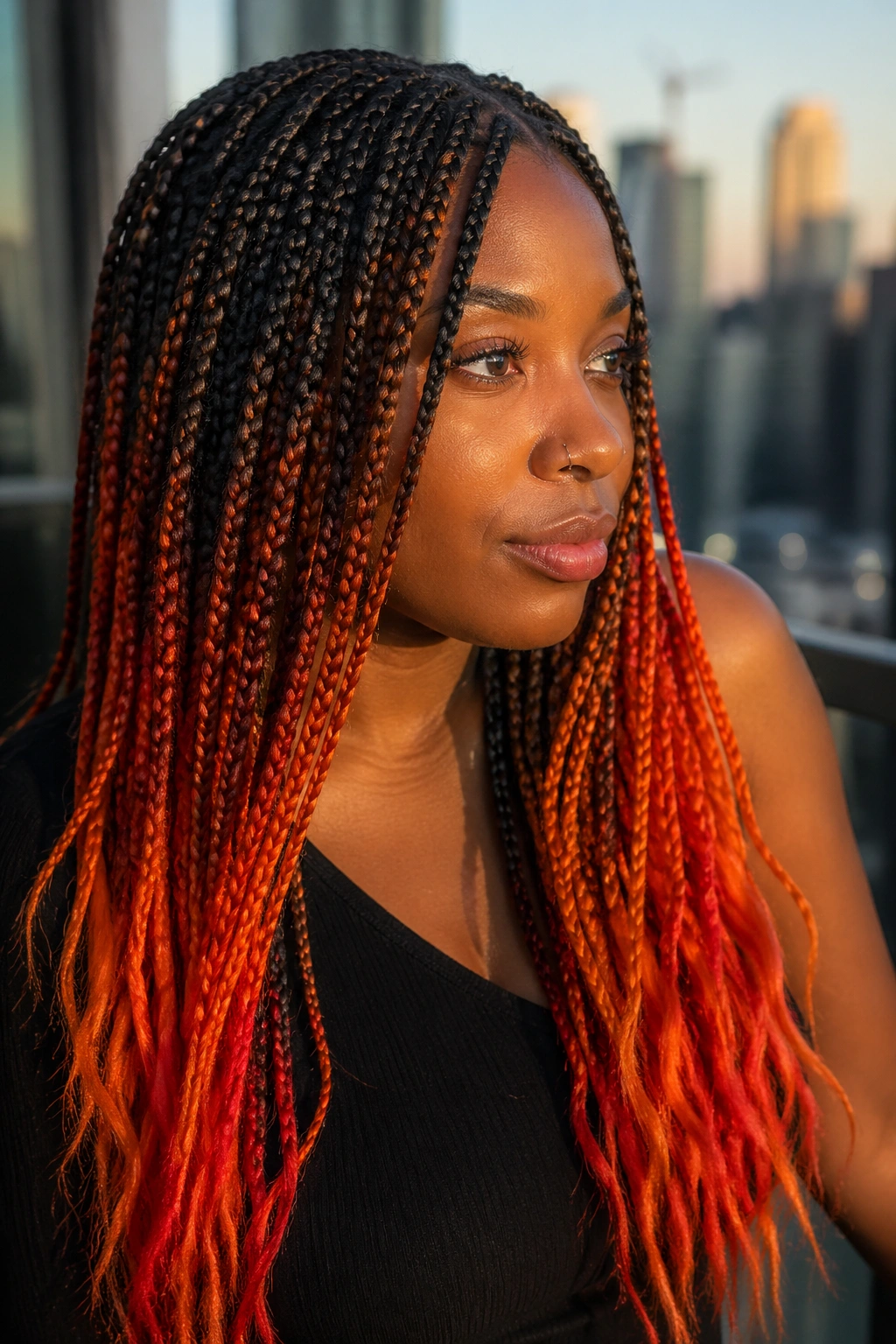Close-up of dark-root flame-tip box braids with orange-red tips on a real person