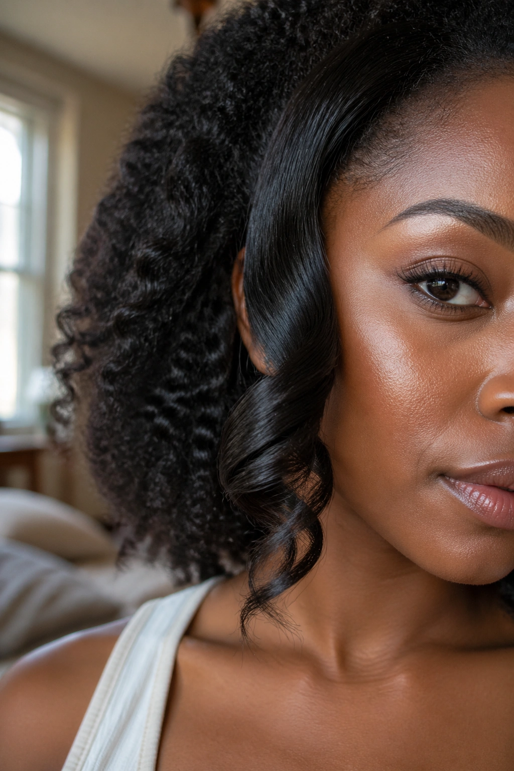 Close-up of a single glossy flat iron curl on a real woman in warm indoor light