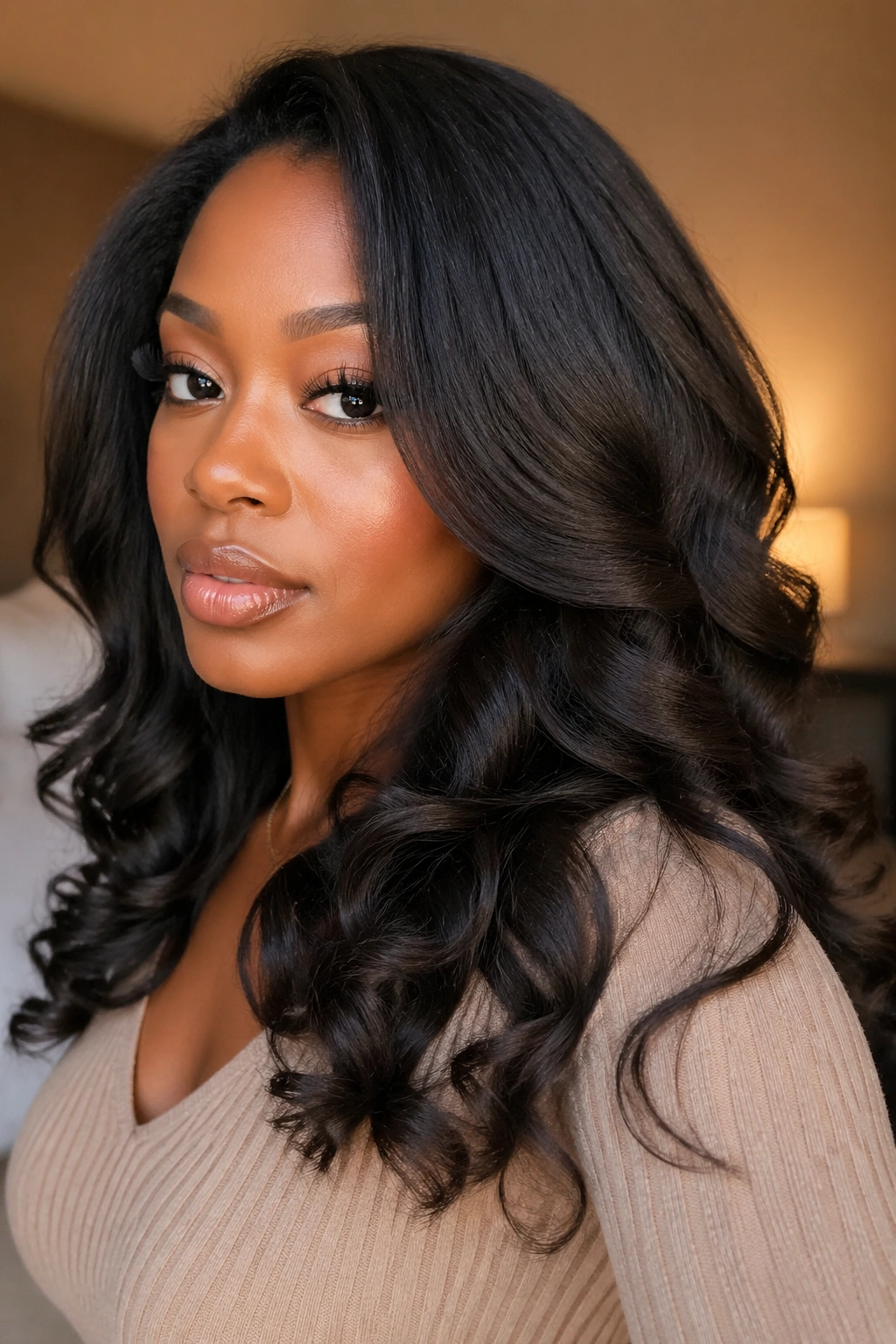 Close-up of a woman with blown-out natural hair and flat iron curls