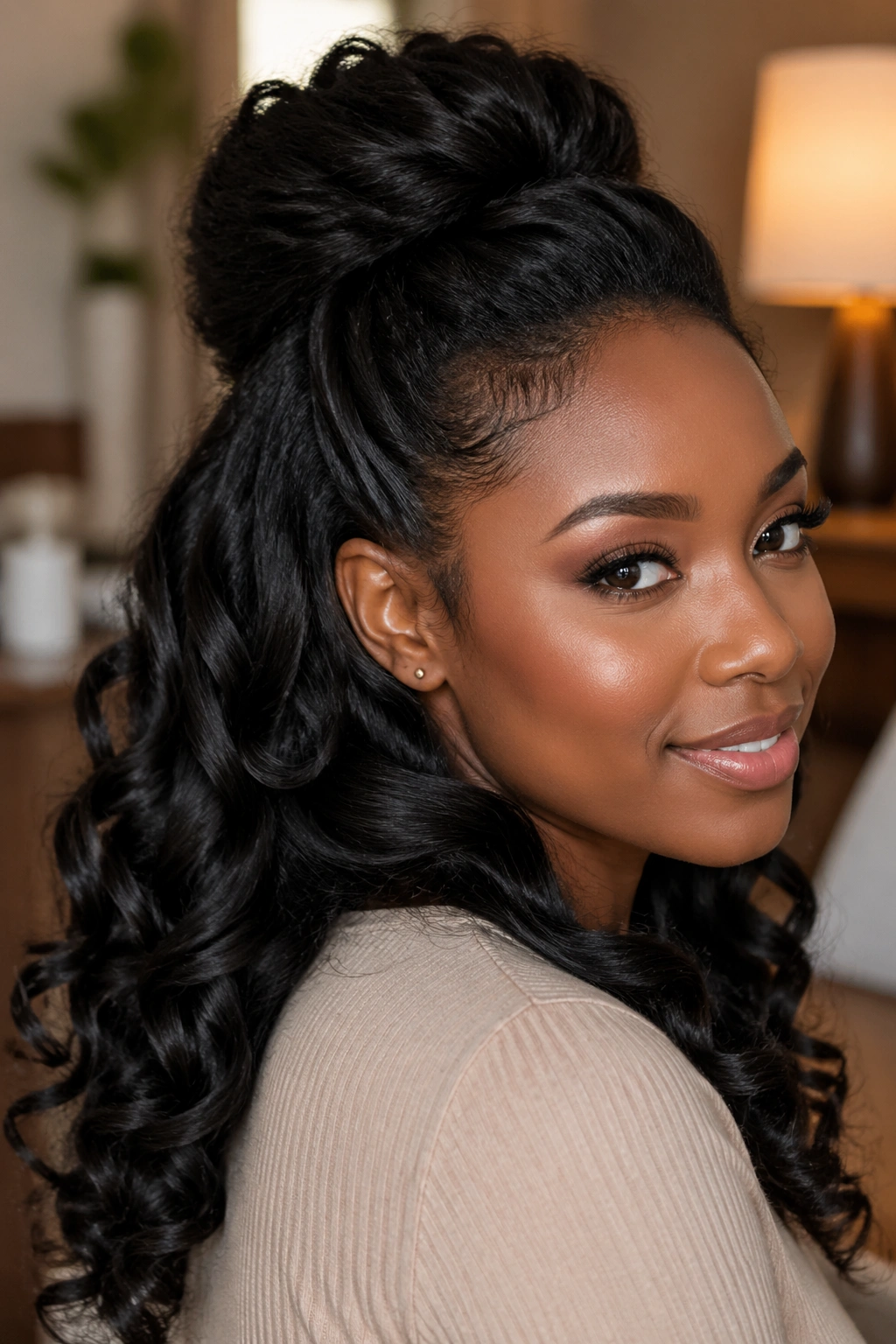 Close-up of a woman with flat iron curls in a half-up style