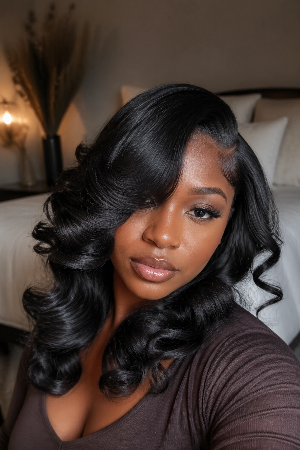 Close-up of a woman with flat iron curls and a deep side part