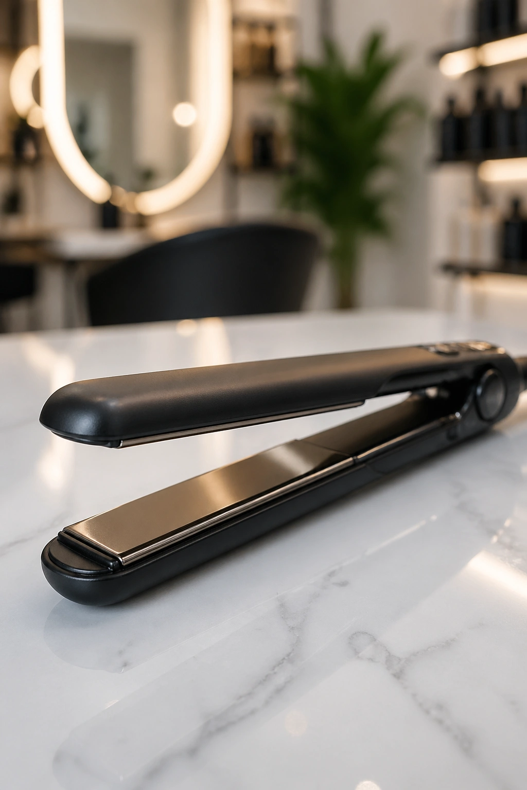 Close-up of a flat iron with rounded edges in a salon setting