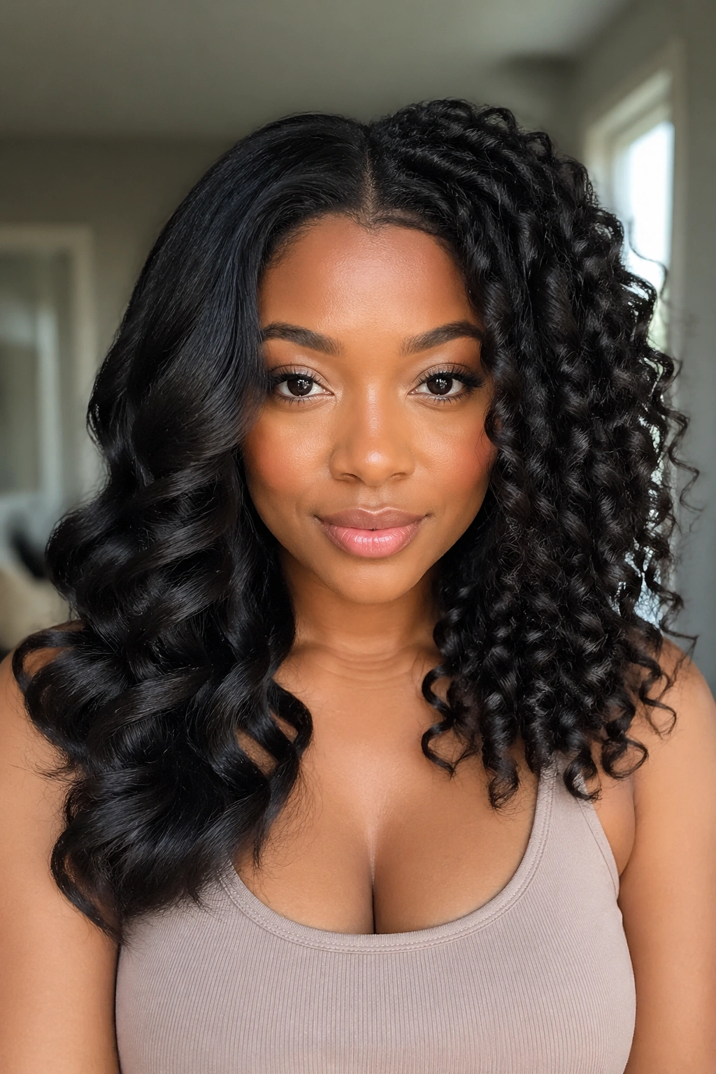 Portrait showing two curl textures side-by-side on one head