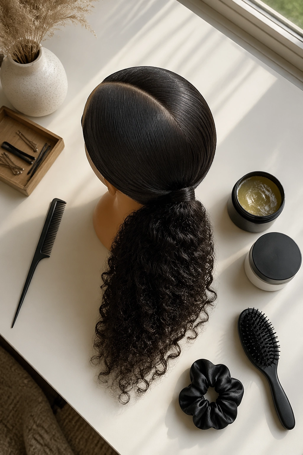 Flat-lay of mid-height side-part ponytail with styling tools.