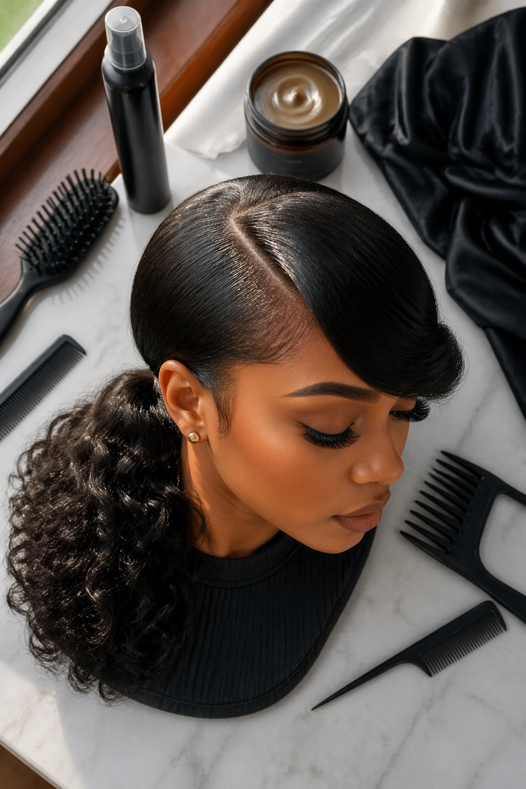 Flat lay of swoop bang ponytail and styling tools.