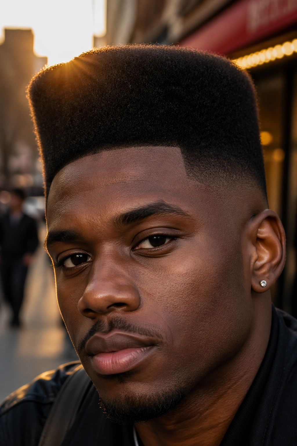 Close-up of a man with a squared flat top fade on a street at golden hour.