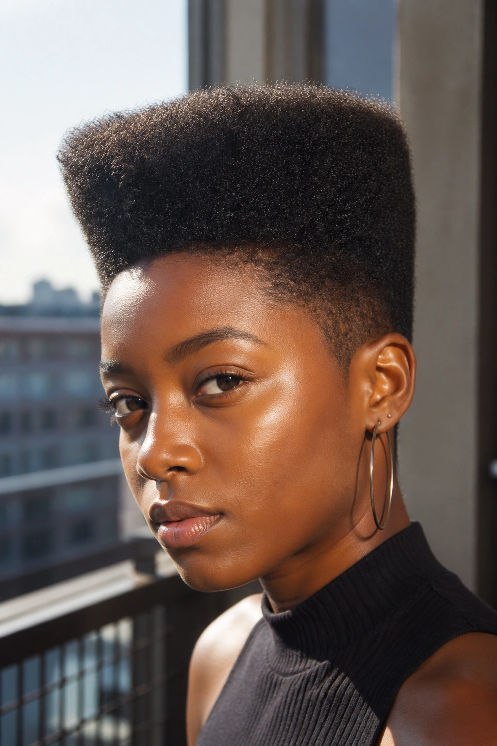 Close-up of a real person with a geometric flat-top afro under morning light.