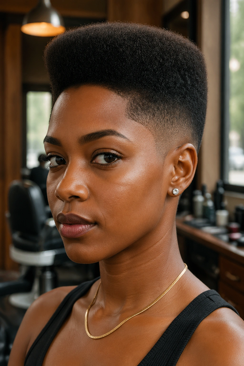 Close-up of a real woman with a flat-topped small Afro in a barber shop setting