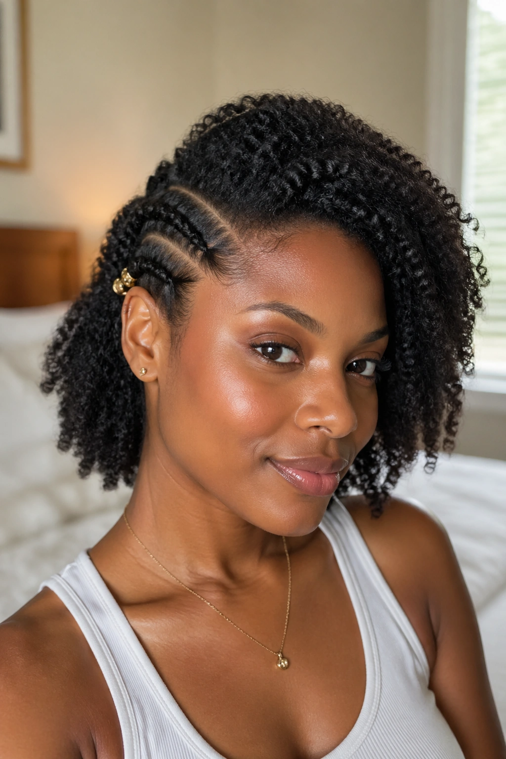 Close-up of a real woman with a quick side-part flat twist on one side and loose hair on the other