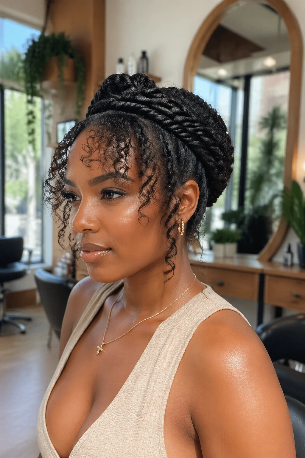 Flat-twist crown with front bangs in a sunlit salon.