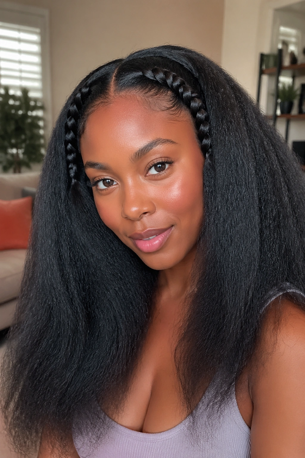 Close-up portrait of a real person with flat twists and blown-out volume