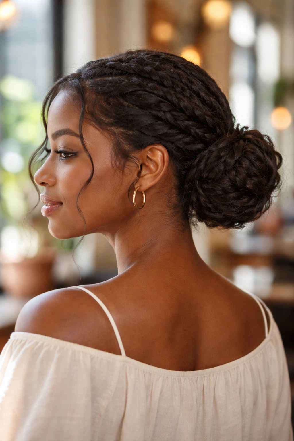 Close-up of a real woman with a soft low flat twist bun at the nape in sunlit cafe light