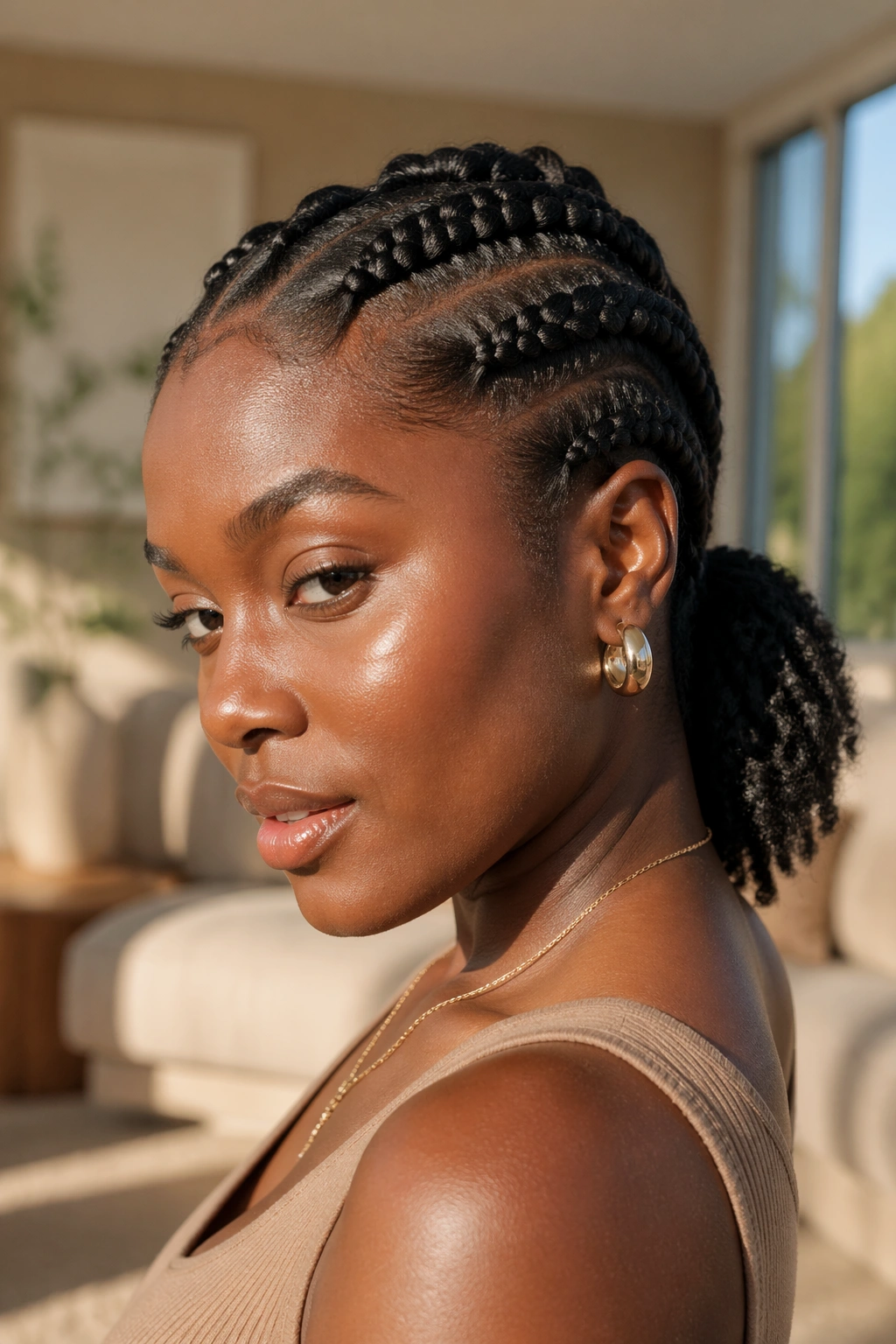 Close-up of a real woman with flat-twist crown and low ponytail