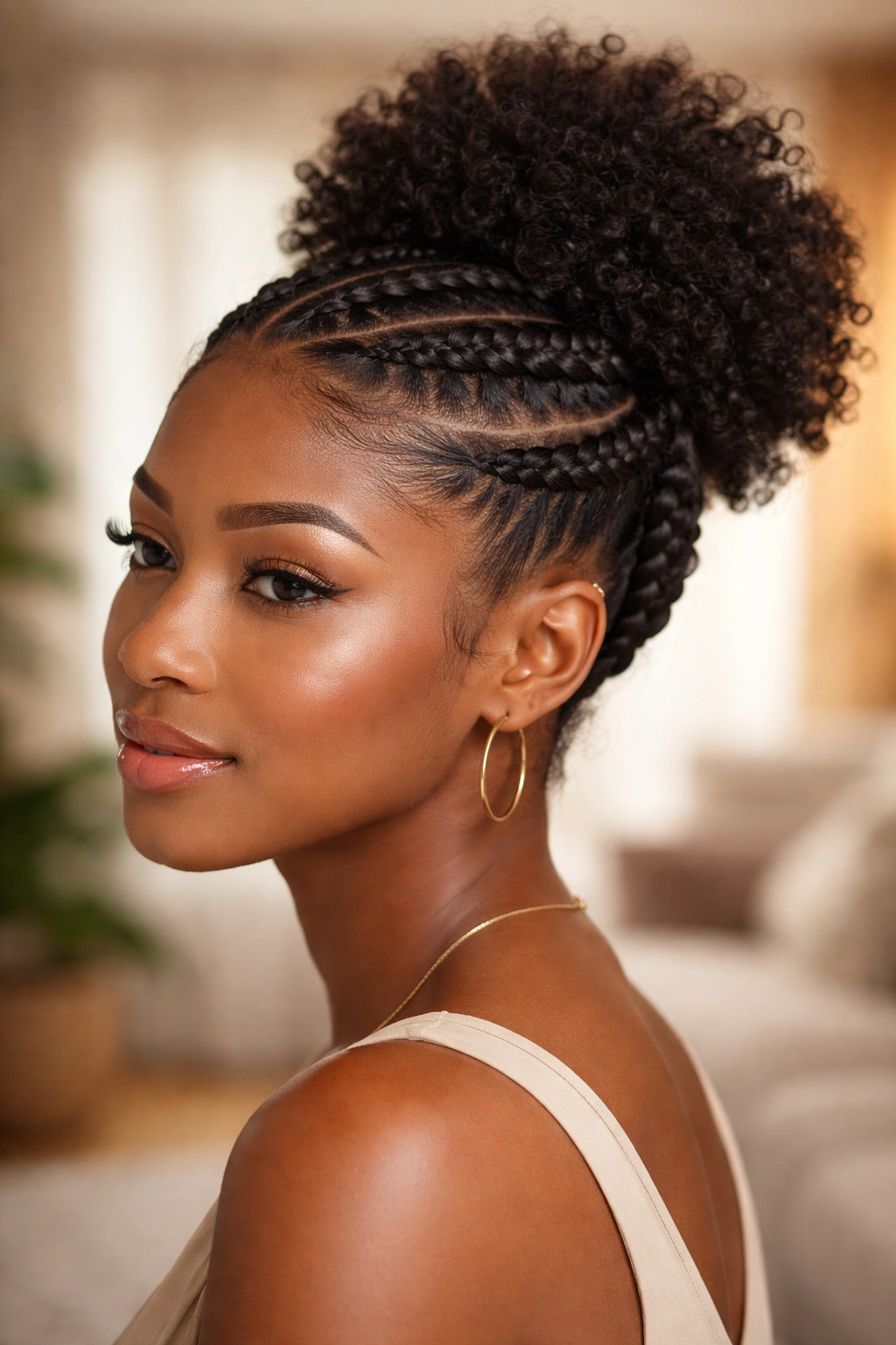 Close-up of real woman's afro hair with flat twist crown halo
